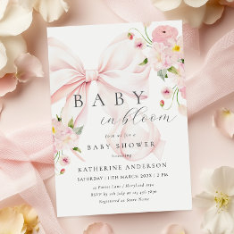 Small Baby In Bloom Pink Bow Baby Shower Invitation Front View