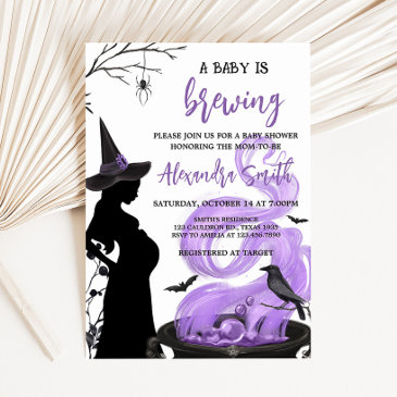 baby is brewing purple witch baby shower invitation