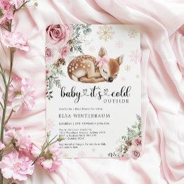 Small Baby It's Cold Outside Deer Pink Gold Baby Shower Invitation Front View