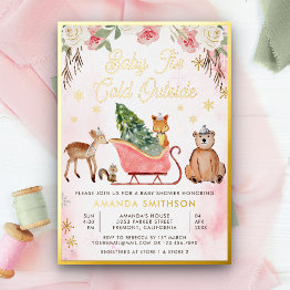 Small Baby It's Cold Outside Pink Sleigh Baby Shower Foil Invitation Front View