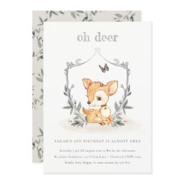 Small Baby Oh Deer Floral Crest Any Age Birthday Invite Front View