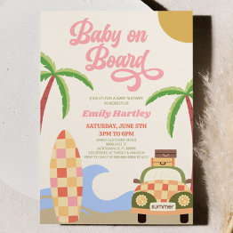 Small Baby On Board Beach Surf Pink Retro Baby Shower Invitation Front View