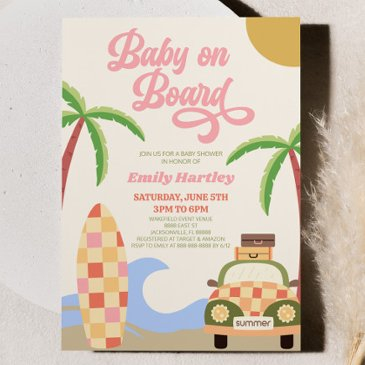 baby on board beach surf pink retro baby shower invitation