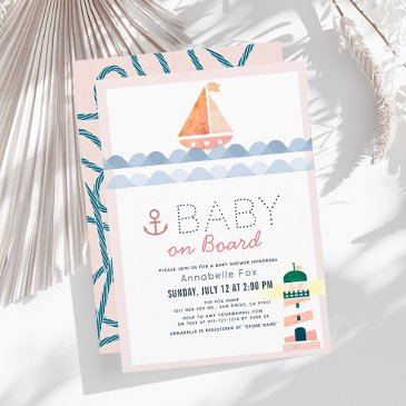 baby on board nautical pink girl baby shower invitation