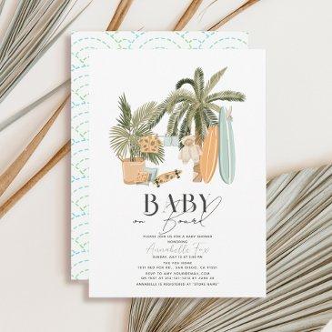 baby on board palm tree surfboard baby shower invitation