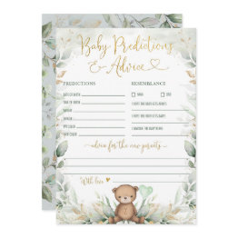Small Baby Predictions & Advice Teddy Bear Greenery Game Invitation Front View
