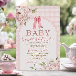 Small Baby Sprinkle Pink Gingham Floral Arch Baby Shower Invitation Front View