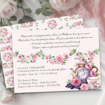 baby sprinkle vintage tea party pink roses shower invitation