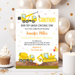 Small Baby Under Construction Boy Truck Baby Shower Invitation Front View