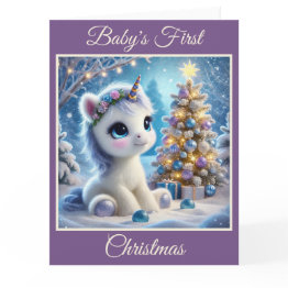 Small Baby Unicorn's First Christmas Invitations Front View