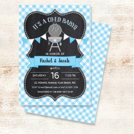Small Babyq Blue Gingham Chalkboard Boy Baby Shower Invitation Front View