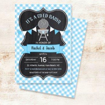 babyq blue gingham chalkboard boy baby shower invitation