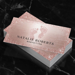 Small Babysitter Nanny Modern Rose Gold Glitter Business Invitations Front View