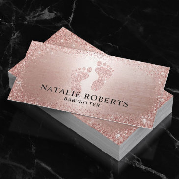 babysitter nanny modern rose gold glitter business invitations