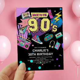 Small Back To The 90s Modern Retro Neon 30th Birthday Invitation Front View