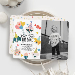 Small Bad Two The Bone Dogs & Cat 2nd Birthday Photo Invitation Front View