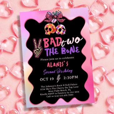 bad two the bone pink purple 2nd birthday party invitation