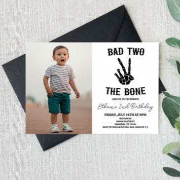 bad two the bone skeleton photo 2nd birthday party invitation