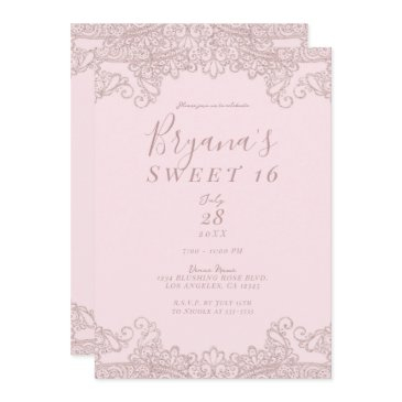 ballerina blush pink glitter lace sweet 16 party invitation