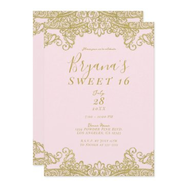 ballerina pink & gold glitter lace sweet 16 party invitation