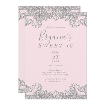ballerina pink silver glitter lace sweet 16 party invitation