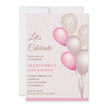 balloons 69th birthday invitations pink confetti