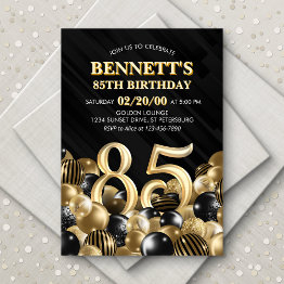 Small Balloons Black Gold 85th Birthday Invitation Front View