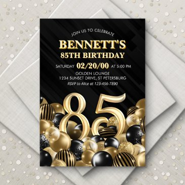balloons black gold 85th birthday invitation