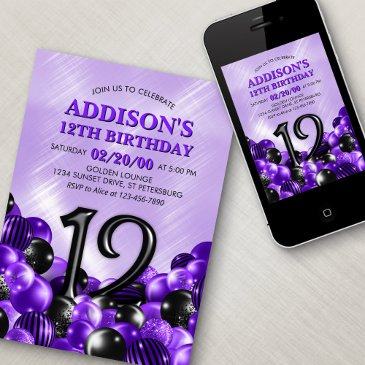 balloons purple 12th birthday invitation