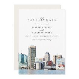 Small Baltimore Maryland Skyline Travel Save The Date Invitation Front View