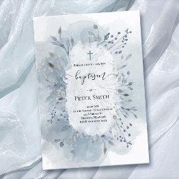 Small Baptism Dusty Blue Watercolor Splash Foliage Invitation Front View