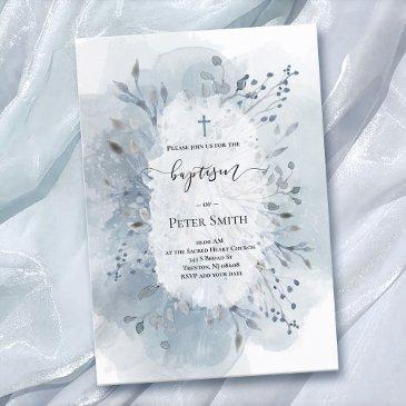 baptism dusty blue watercolor splash foliage invitation