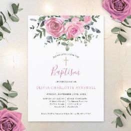 Small Baptism Dusty Pink Rose Eucalyptus Christening Invitation Front View