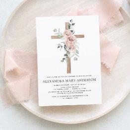 Small Baptism Dusty Pink Rose Greenery Eucalyptus Invitation Front View