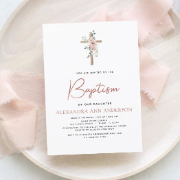 Small Baptism Dusty Pink Rose Greenery Eucalyptus Invitation Front View