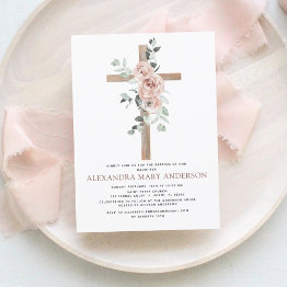 Small Baptism Dusty Pink Rose Greenery Eucalyptus Invitation Front View