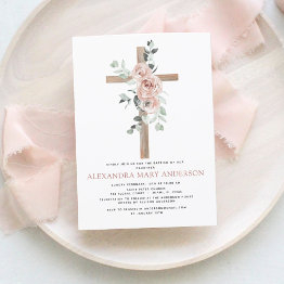 Small Baptism Dusty Pink Rose Greenery Eucalyptus Invitation Front View