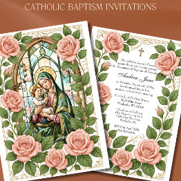 Small Baptism Floral Jesus Blessed Mother Roses Invitation Front View