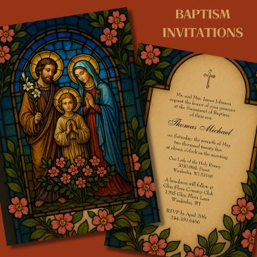 baptism holy family gold stained glass invitation