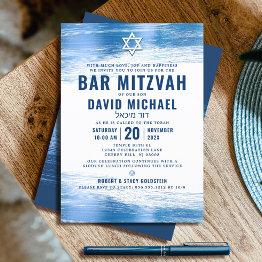 Small Bar Mitzvah Bold Modern Navy Typography Blue Foil Invitation Front View