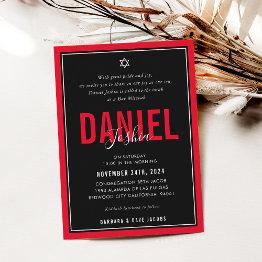 Small Bar Mitzvah Modern Athletic Boy Bold Red Black Invitation Front View