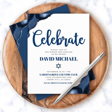 bar mitzvah simple navy blue agate modern script enclosure invitations