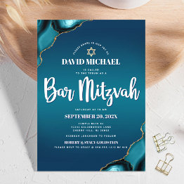 Small Bar Mitzvah Turquoise Ombre Agate Modern Script Invitation Front View