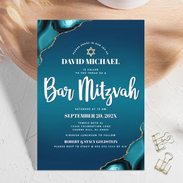 bar mitzvah turquoise ombre agate modern script invitation