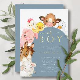 Small Barnyard Buddies Baby Shower Foil Invitation Front View