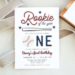 Small Barry Rookie Of The Year Baseball 1st Birthday Invitation Front View