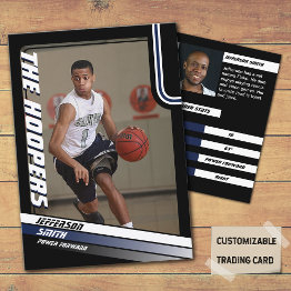 Small Basketball Player Custom Black Trading Invitations Blue Front View