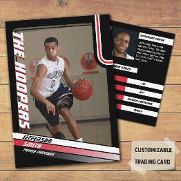 Small Basketball Player Custom Black Trading Invitations Red Front View