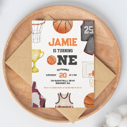 Small Basketball Watercolor Boys 1st Birthday Invitation Front View