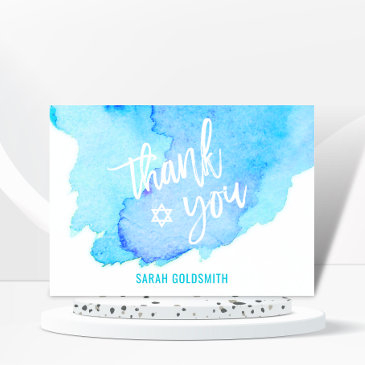 bat bar mitzvah watercolor turquoise blue thank you invitations